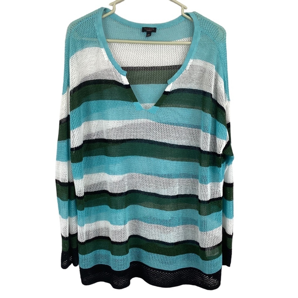 Talbots Mesh Striped Lightweight Sweater Size‎ 2X Petite 2XP Linen Blend V-Neck